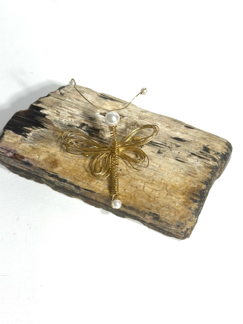 Whimsical Wire Wrapped Dragonfly Brooch Faux Pearls Gold Tone